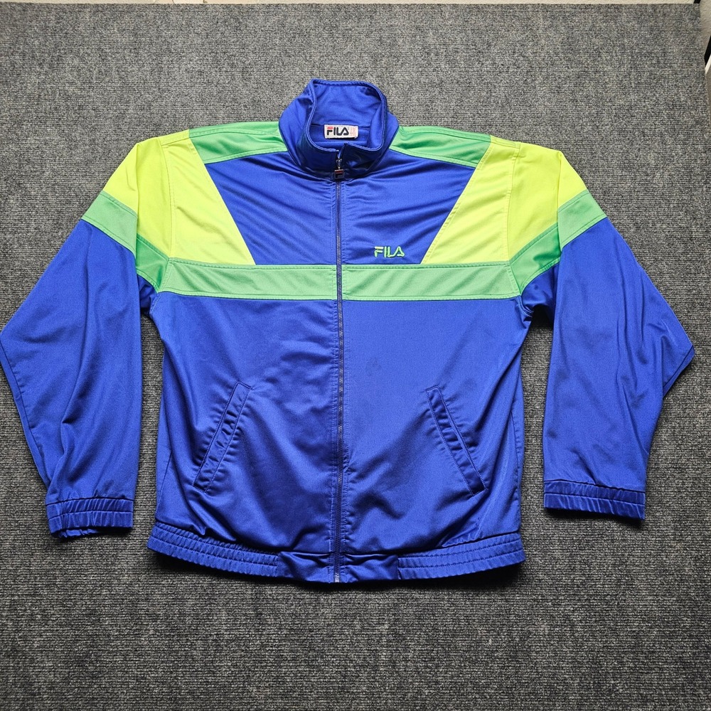 Vintage Fila Track Jacket Mens 44 Blue Neon Green Yellow Colorblock Full Zip XL